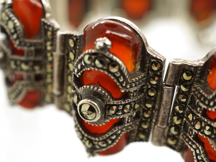 Art Deco Silver, Carnelian & Marcasite Bracelet