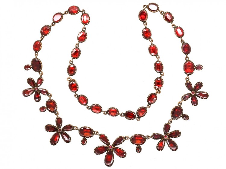 Georgian Gold & Flat Cut Garnet Pansy Necklace