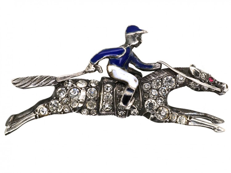 Silver, Enamel & Paste Racehorse & Jockey Brooch