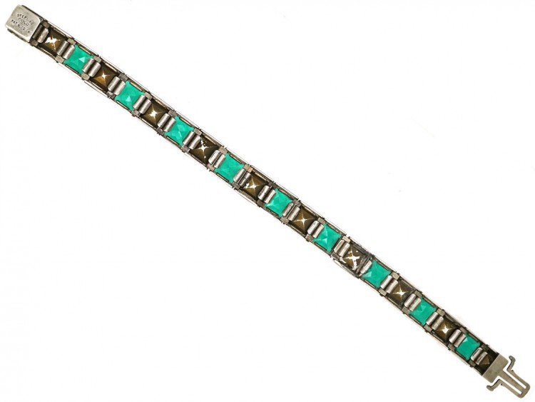 Art Deco Silver & Green & White Paste Bracelet