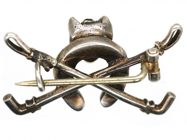 Silver & Paste Fox Head, Whips & Horseshoe Brooch