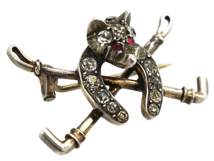 Silver & Paste Fox Head, Whips & Horseshoe Brooch