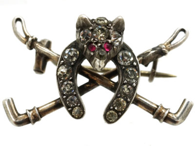 Silver & Paste Fox Head, Whips & Horseshoe Brooch