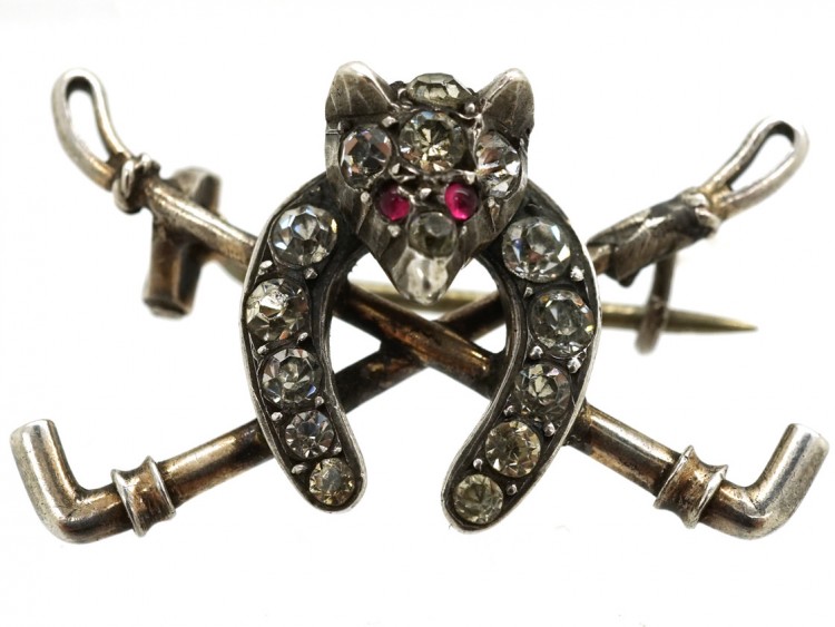 Silver & Paste Fox Head, Whips & Horseshoe Brooch