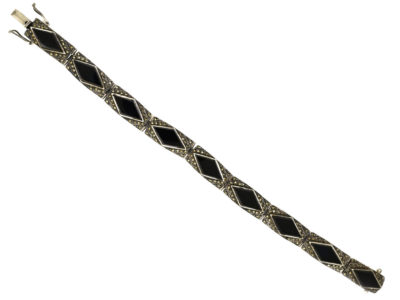 Art Deco Silver, Onyx & Marcasite Diamond Pattern Bracelet