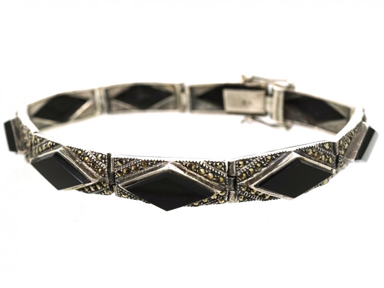 Art Deco Silver, Onyx & Marcasite Diamond Pattern Bracelet