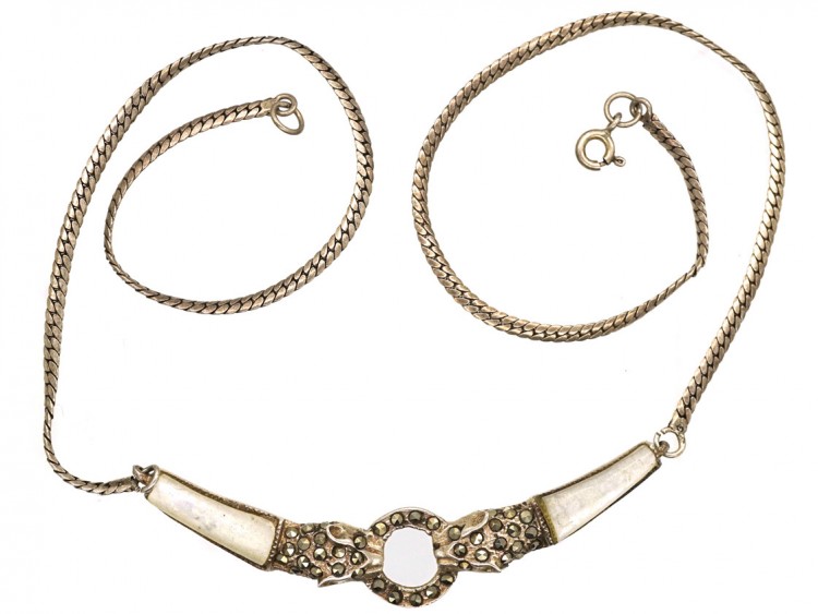 Silver, Mother of Pearl & Marcasite Cheetah Head's Necklace