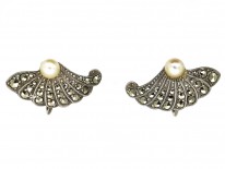 Art Deco Silver, Marcasite & Pearl Fan Shaped Earrings
