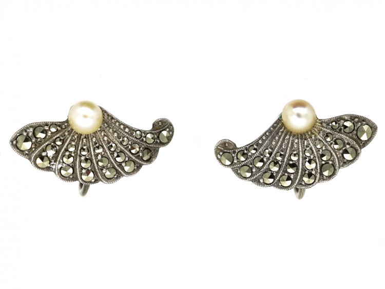 Art Deco Silver, Marcasite & Pearl Fan Shaped Earrings