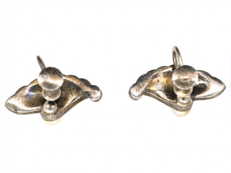 Art Deco Silver, Marcasite & Pearl Fan Shaped Earrings