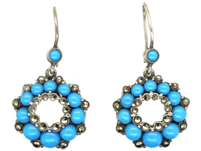 Silver, Marcasite & Blue Glass Drop Cluster Earrings