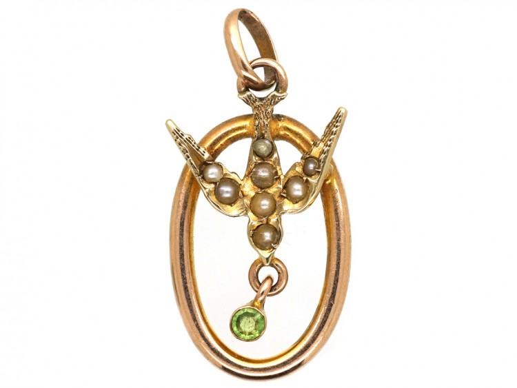 Edwardian 9ct Gold, Split Pearl & Peridot Tiny Pendant of a Swallow