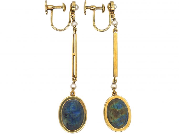 Art Deco 15ct Gold Egyptian Revival Labradorite Scarab Earrings