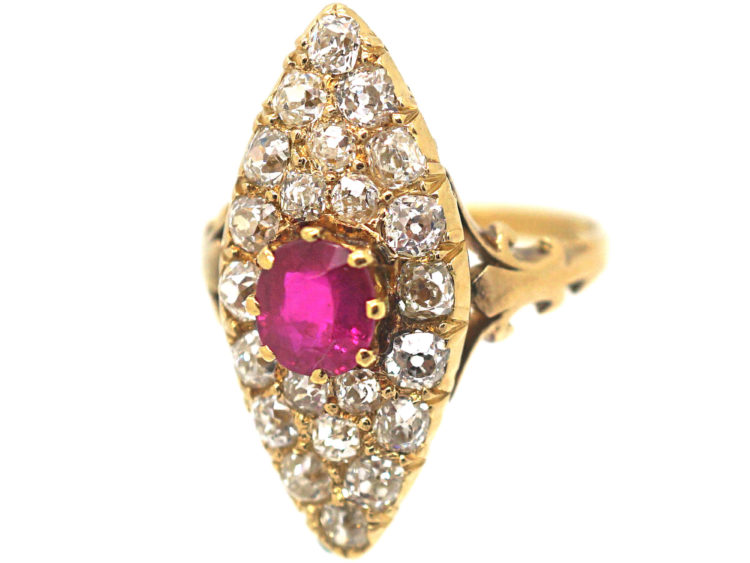 Edwardian 18ct Gold, Ruby & Diamond Marquise Ring