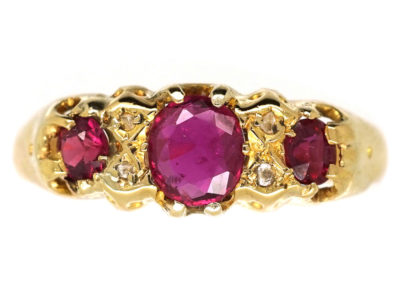 Edwardian 18ct Gold, Three Stone Ruby & Diamond Ring