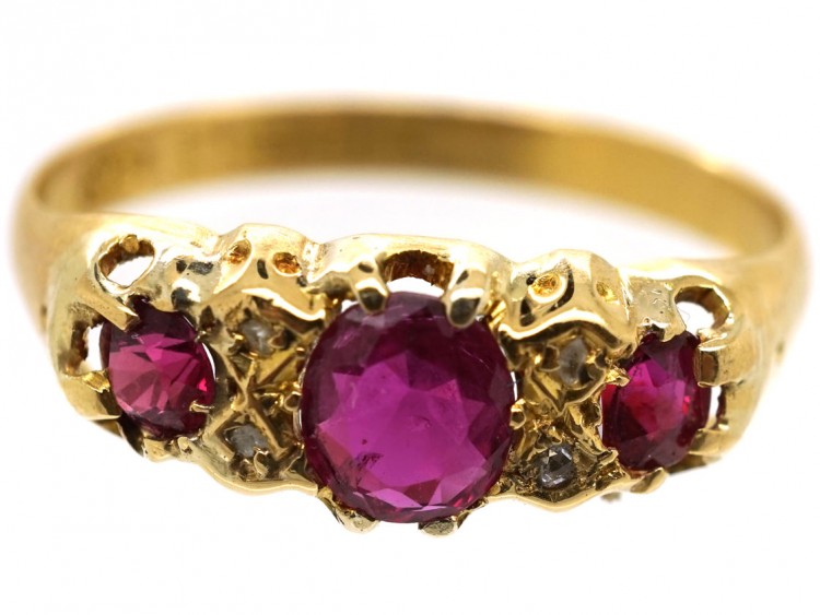 Edwardian 18ct Gold, Three Stone Ruby & Diamond Ring