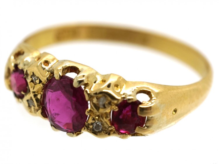 Edwardian 18ct Gold, Three Stone Ruby & Diamond Ring