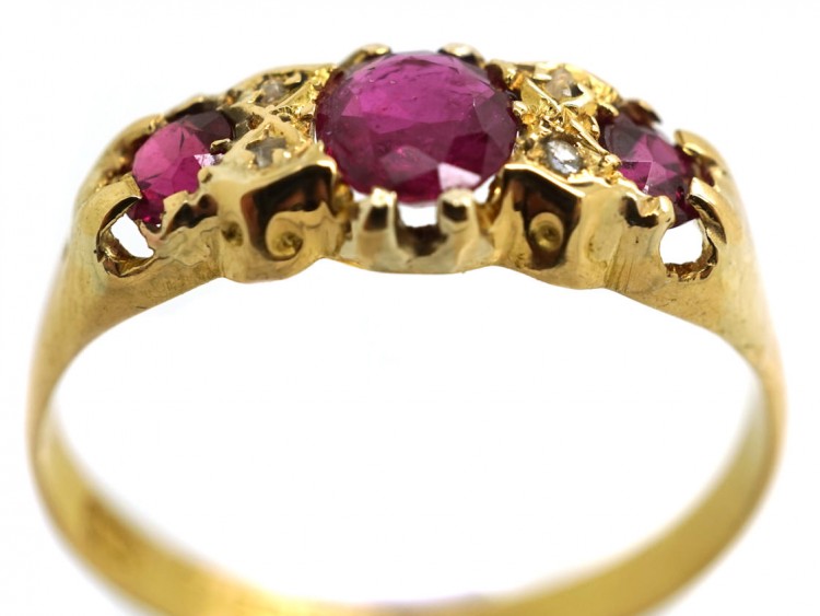 Edwardian 18ct Gold, Three Stone Ruby & Diamond Ring