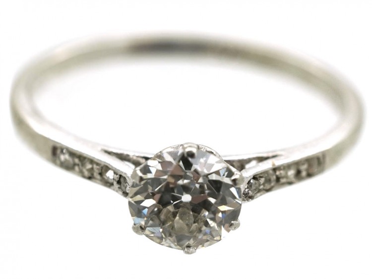 Art Deco Platinum & Solitaire Diamond Ring With Diamond Set Shoulders
