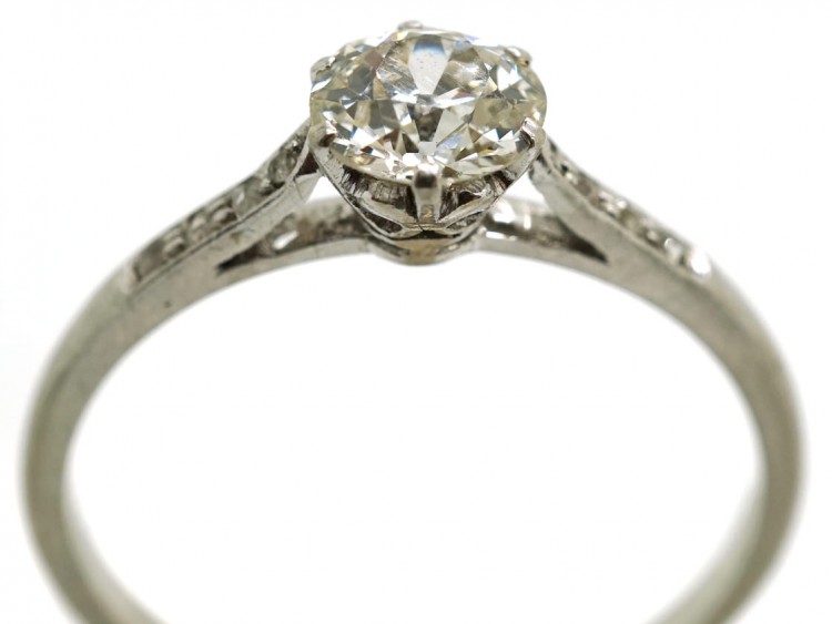 Art Deco Platinum & Solitaire Diamond Ring With Diamond Set Shoulders