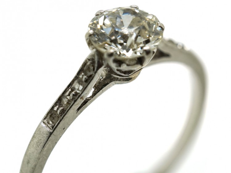 Art Deco Platinum & Solitaire Diamond Ring With Diamond Set Shoulders