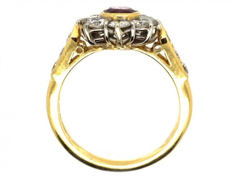 18ct Gold Ruby & Diamond Cluster Ring With Diamond Shoulders