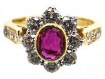 18ct Gold Ruby & Diamond Cluster Ring With Diamond Shoulders