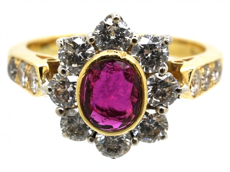 18ct Gold Ruby & Diamond Cluster Ring With Diamond Shoulders