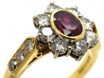 18ct Gold Ruby & Diamond Cluster Ring With Diamond Shoulders