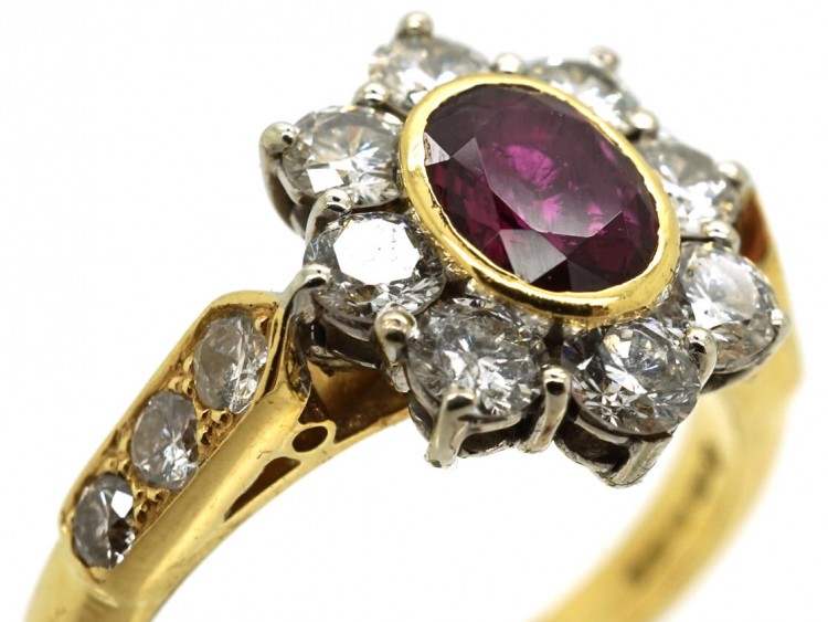 18ct Gold Ruby & Diamond Cluster Ring With Diamond Shoulders
