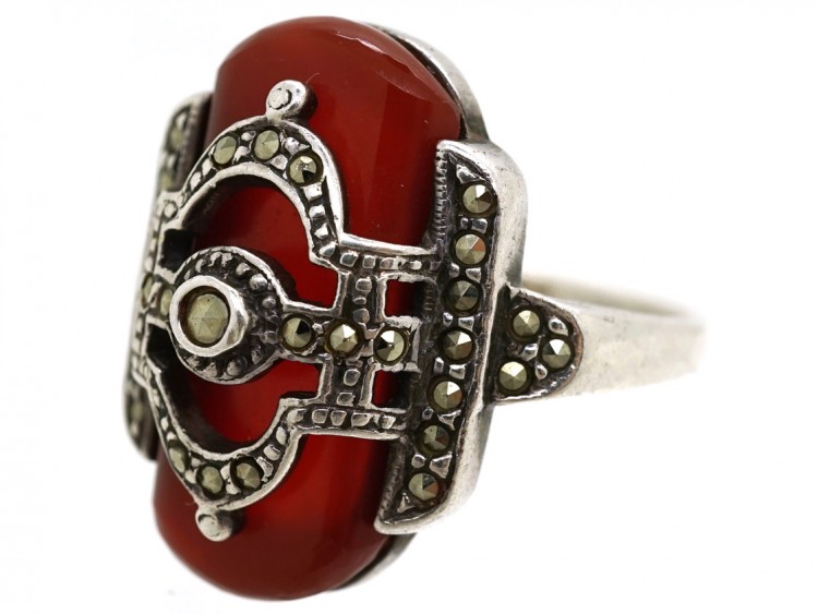 Art Deco Silver, Carnelian & Marcasite Ring
