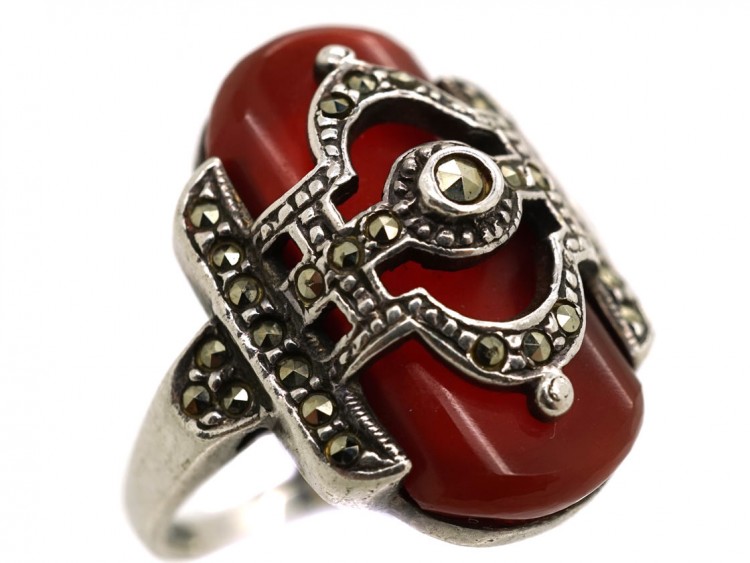 Art Deco Silver, Carnelian & Marcasite Ring