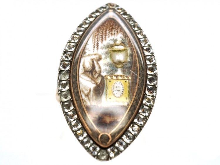 Georgian Navette Shaped Mourning Ring with Lady & Urn