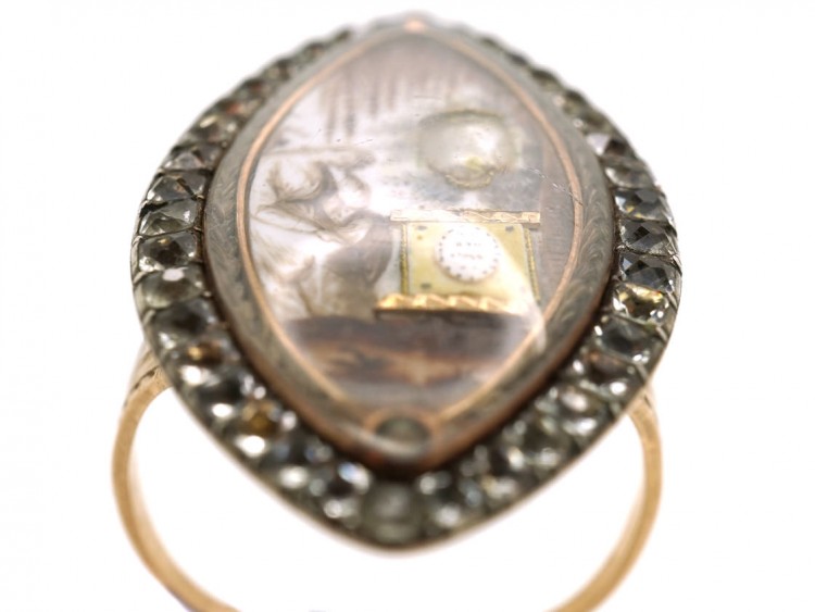 Georgian Navette Shaped Mourning Ring with Lady & Urn
