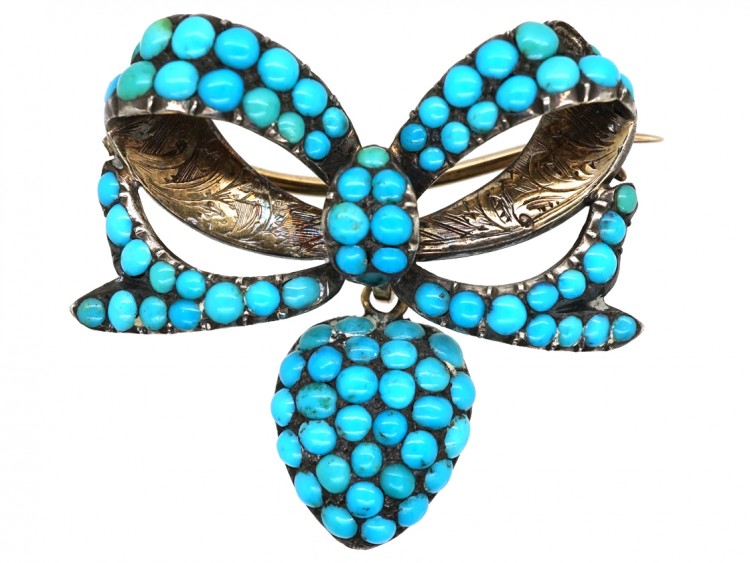 Victorian Gold & Silver & Turquoise Bow & Heart Brooch