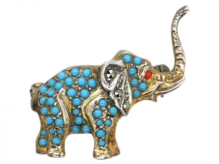 Silver, Paste & Marcasite Elephant Brooch