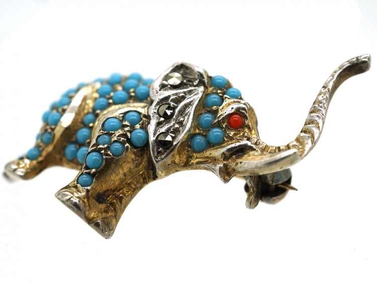 Silver, Paste & Marcasite Elephant Brooch