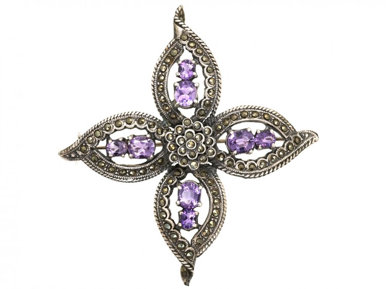 Large Silver, Amethyst & Marcasite Brooch