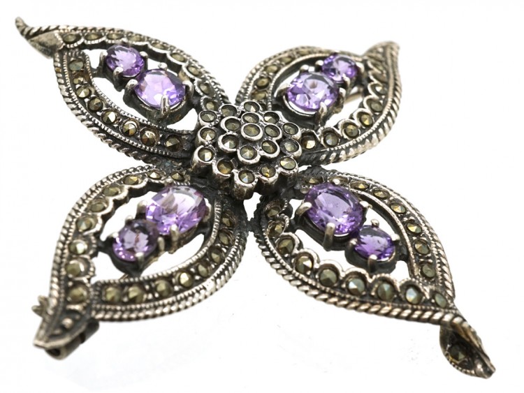 Large Silver, Amethyst & Marcasite Brooch