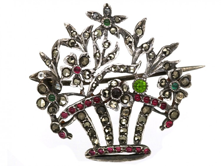 Silver, Paste & Marcasite Flower Basket Brooch