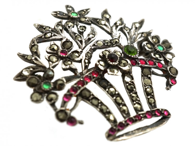 Silver, Paste & Marcasite Flower Basket Brooch