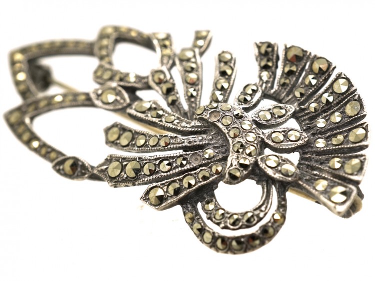 Art Deco Silver & Marcasite Leaf Brooch