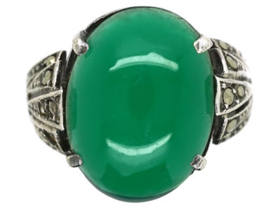 Silver, Green Chalcedony & Marcasite Art Deco Ring