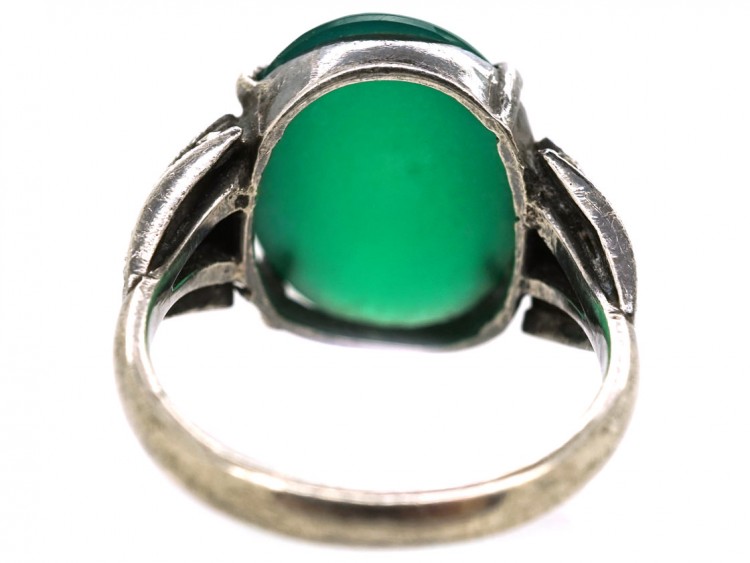 Silver, Green Chalcedony & Marcasite Art Deco Ring