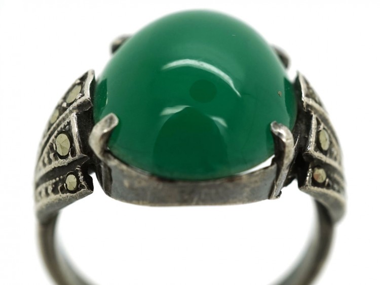 Silver, Green Chalcedony & Marcasite Art Deco Ring
