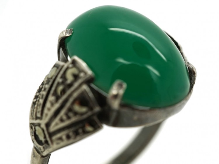 Silver, Green Chalcedony & Marcasite Art Deco Ring