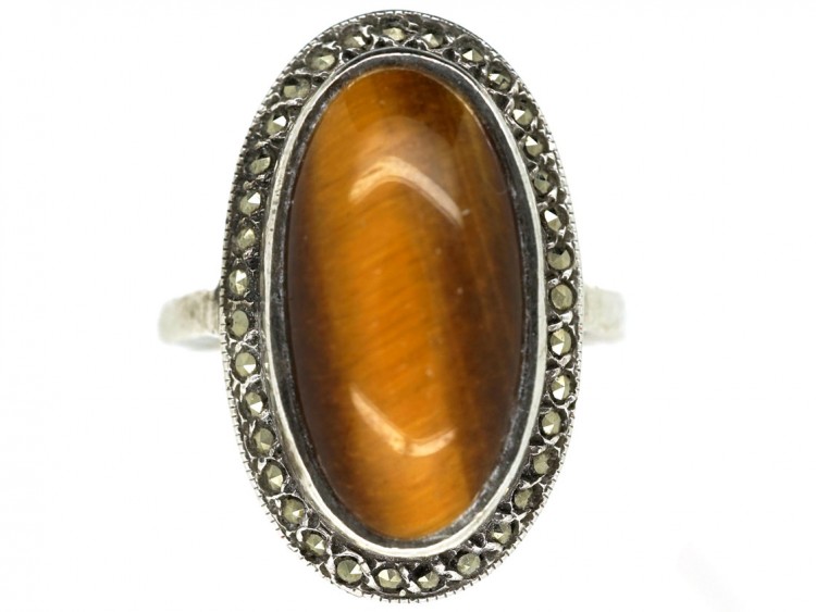 Silver, Marcasite & Tiger's Eye Oval Ring