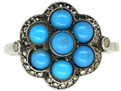 Art Deco Silver, Marcasite & Blue Glass Cluster Ring