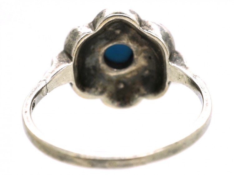 Art Deco Silver, Marcasite & Blue Glass Cluster Ring