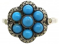 Art Deco Silver, Marcasite & Blue Glass Cluster Ring